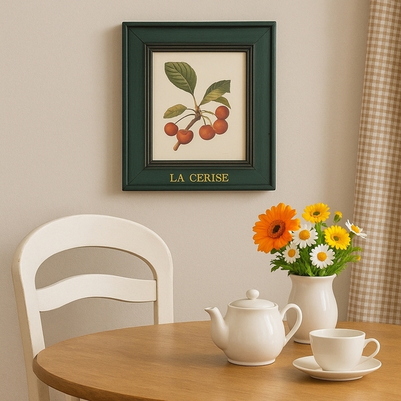 Vintage Other - Vintage Botanical Wall Art – “La Cerise” Cherry Print – Green Wood Frame – 12.5”